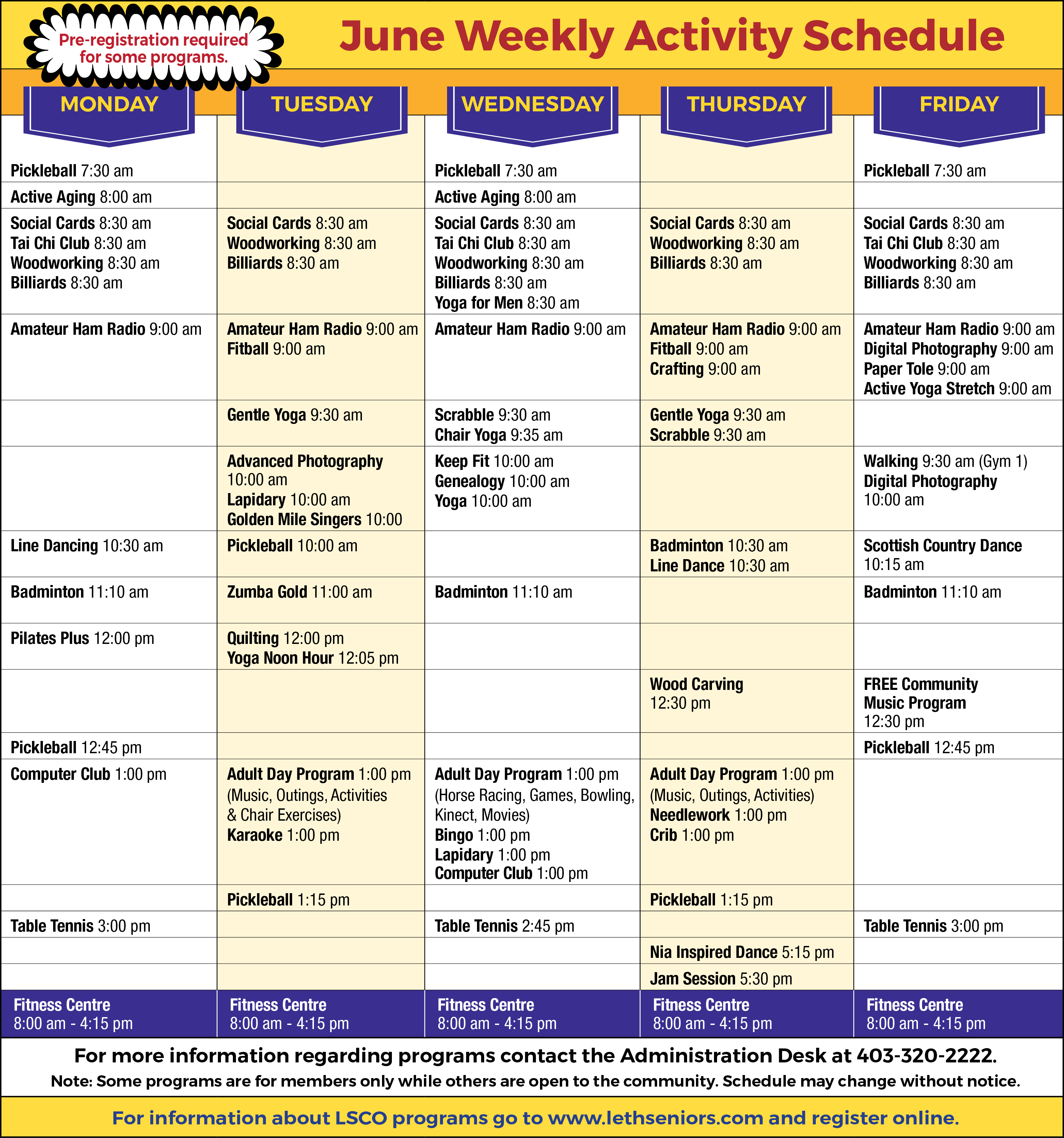 LSCO Activity Schedule – Lethbridge Senior Citizens Organization