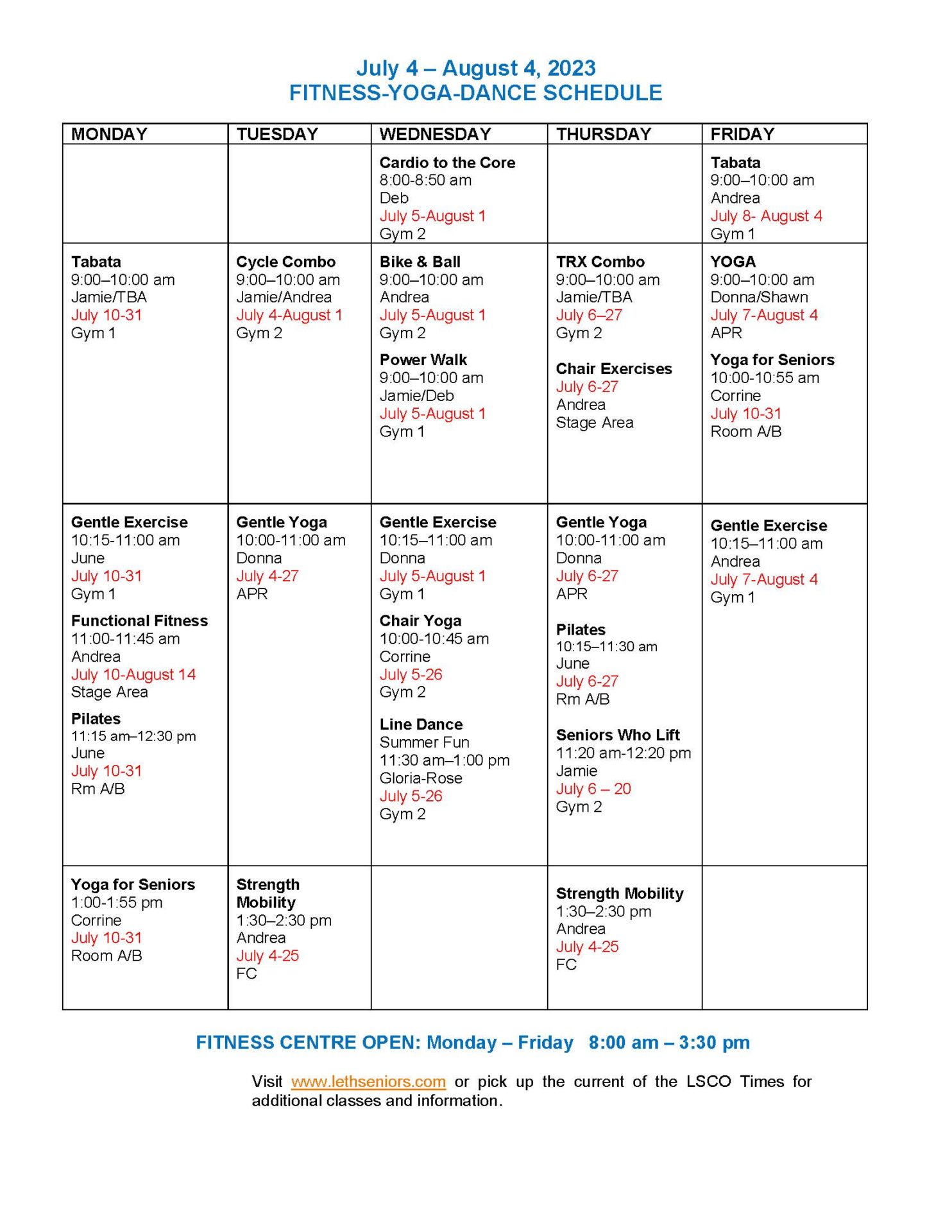 Weekly Program Schedule – Lethbridge Senior Citizens Organization