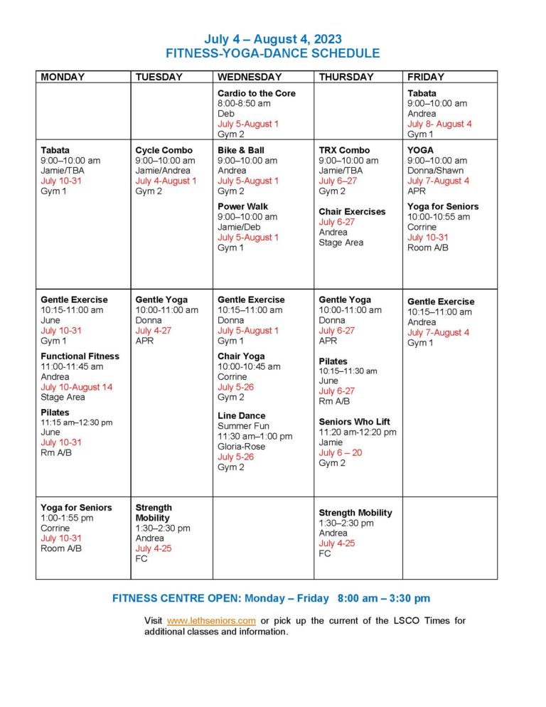 Fitness/Yoga Schedule Lethbridge Senior Citizens Organization