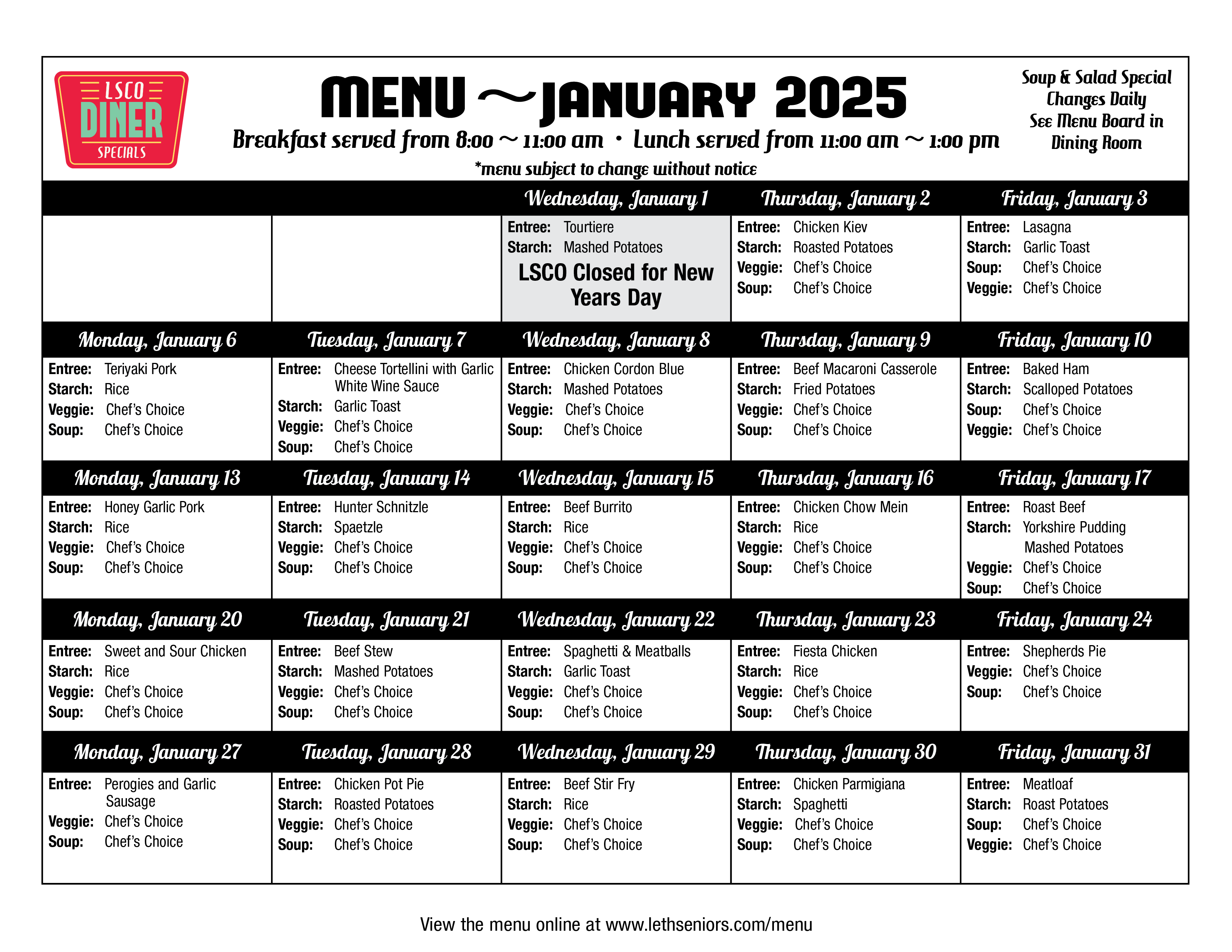 January Menu - Diner