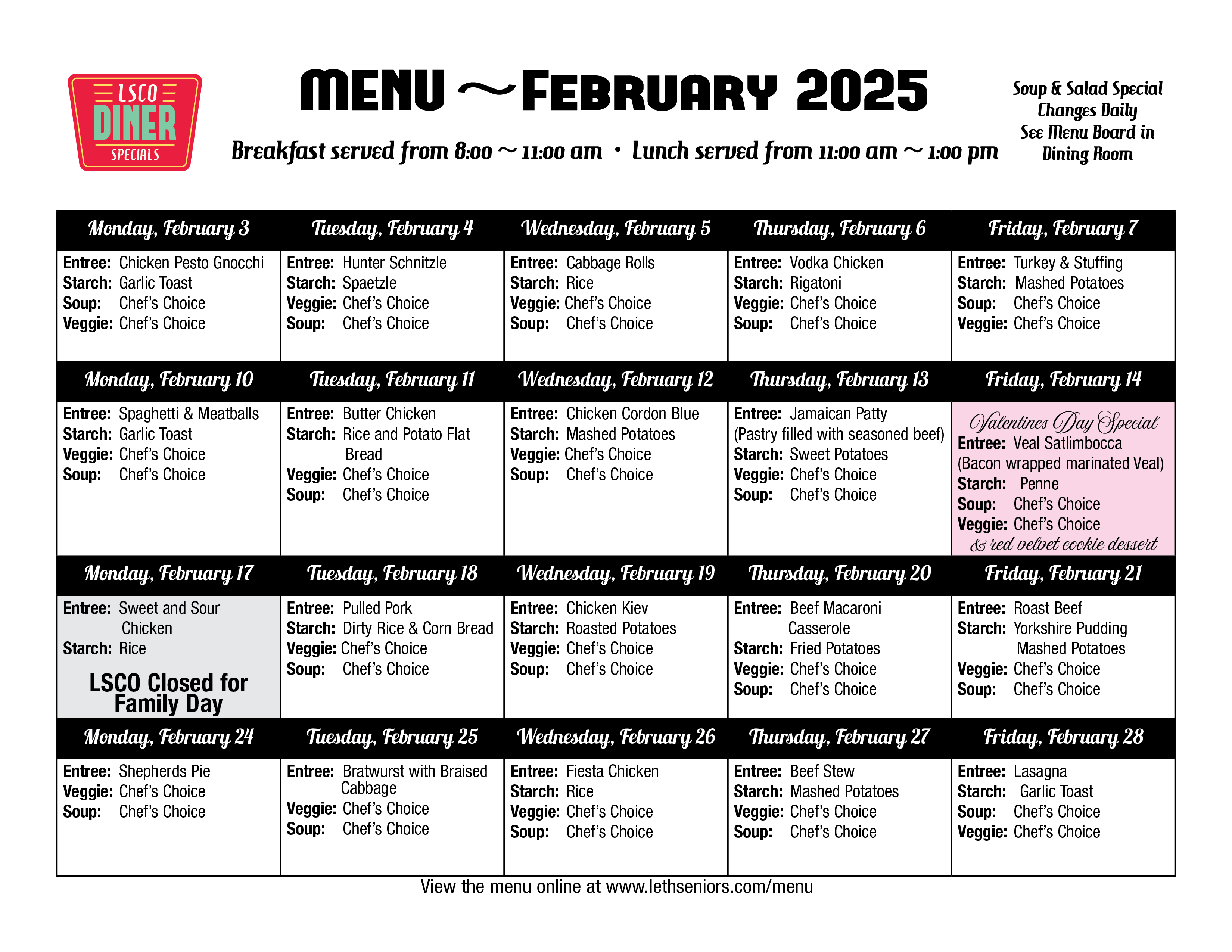 February Menu - Diner