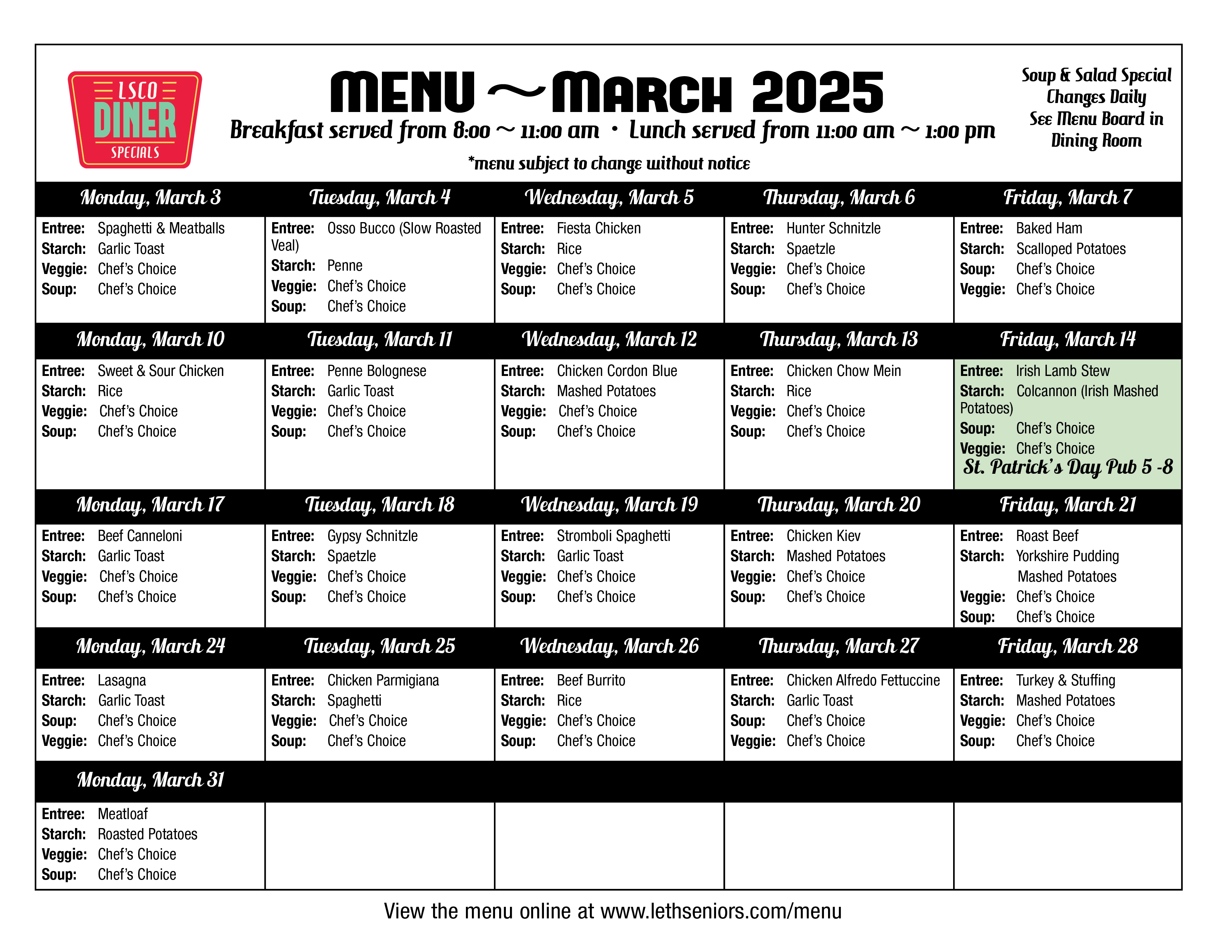 March Menu - Diner