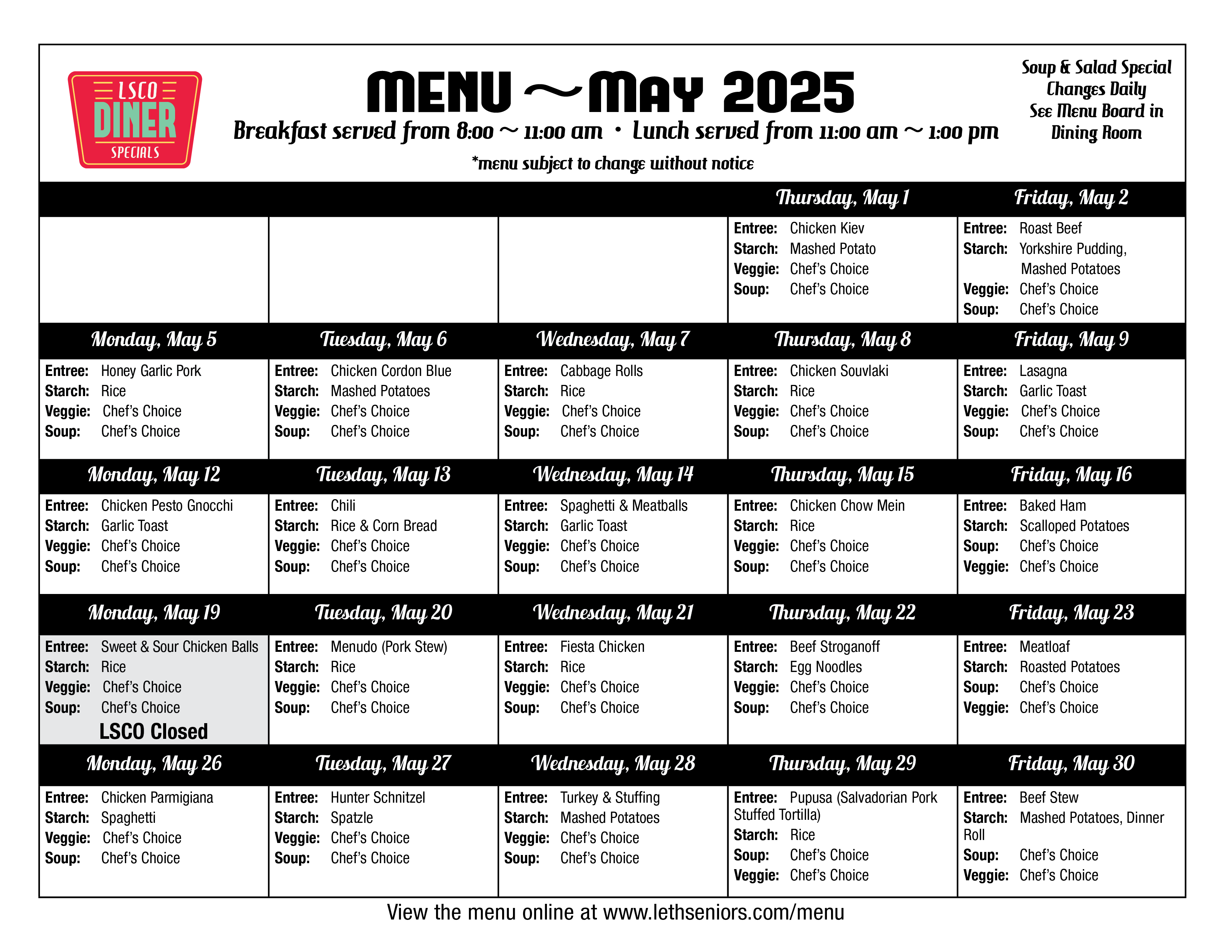 May Menu - Diner
