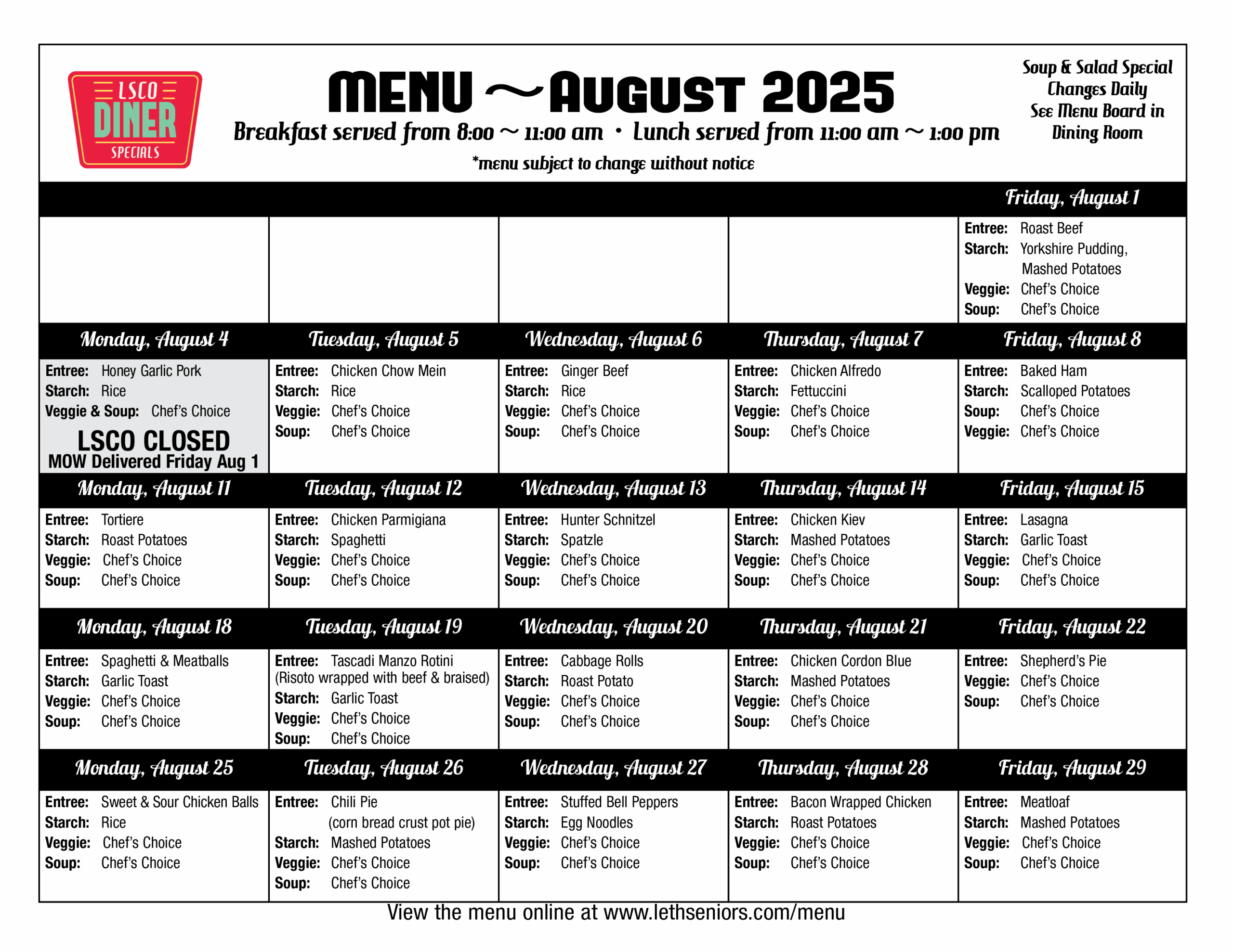 August Menu - Diner