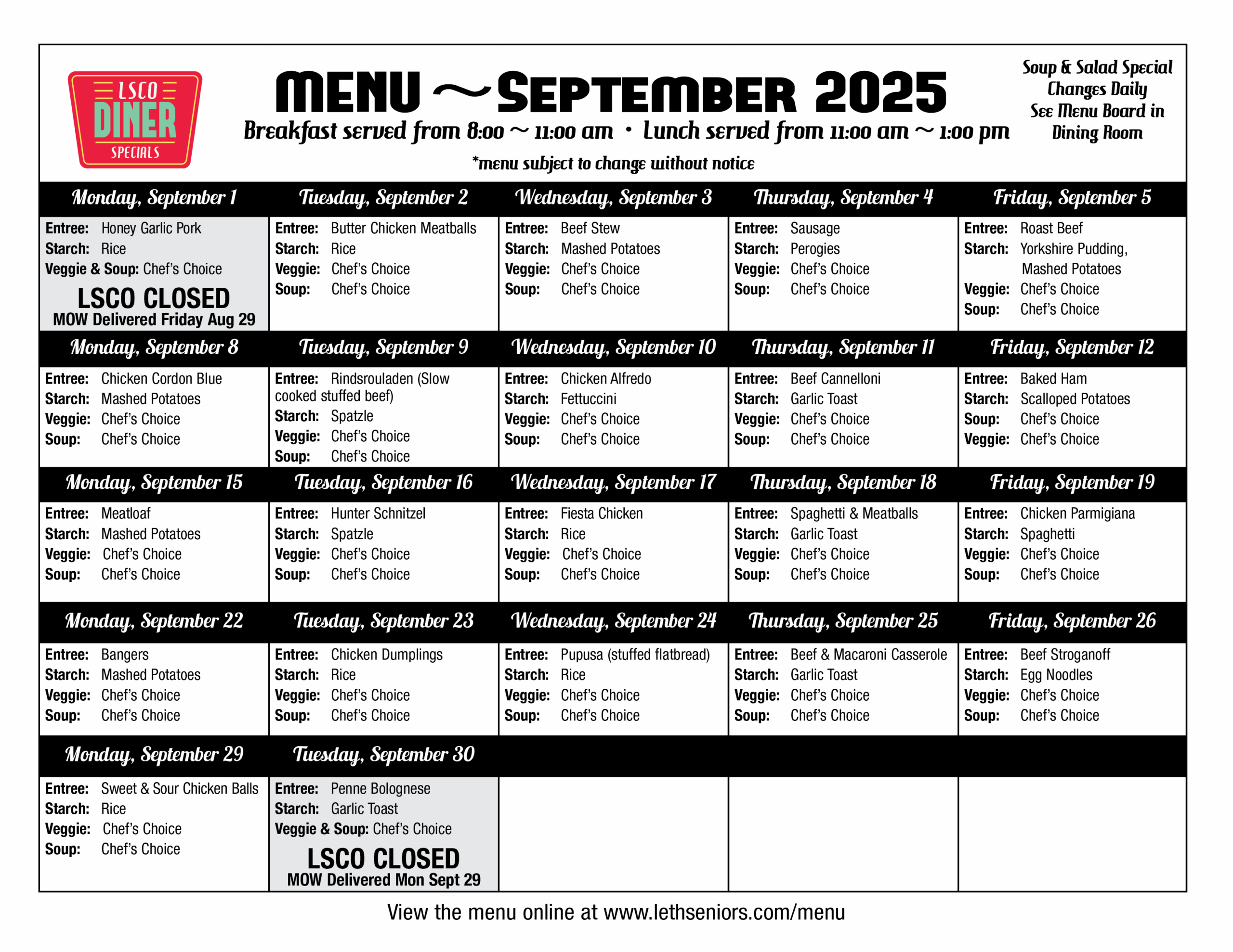 September Menu - Diner