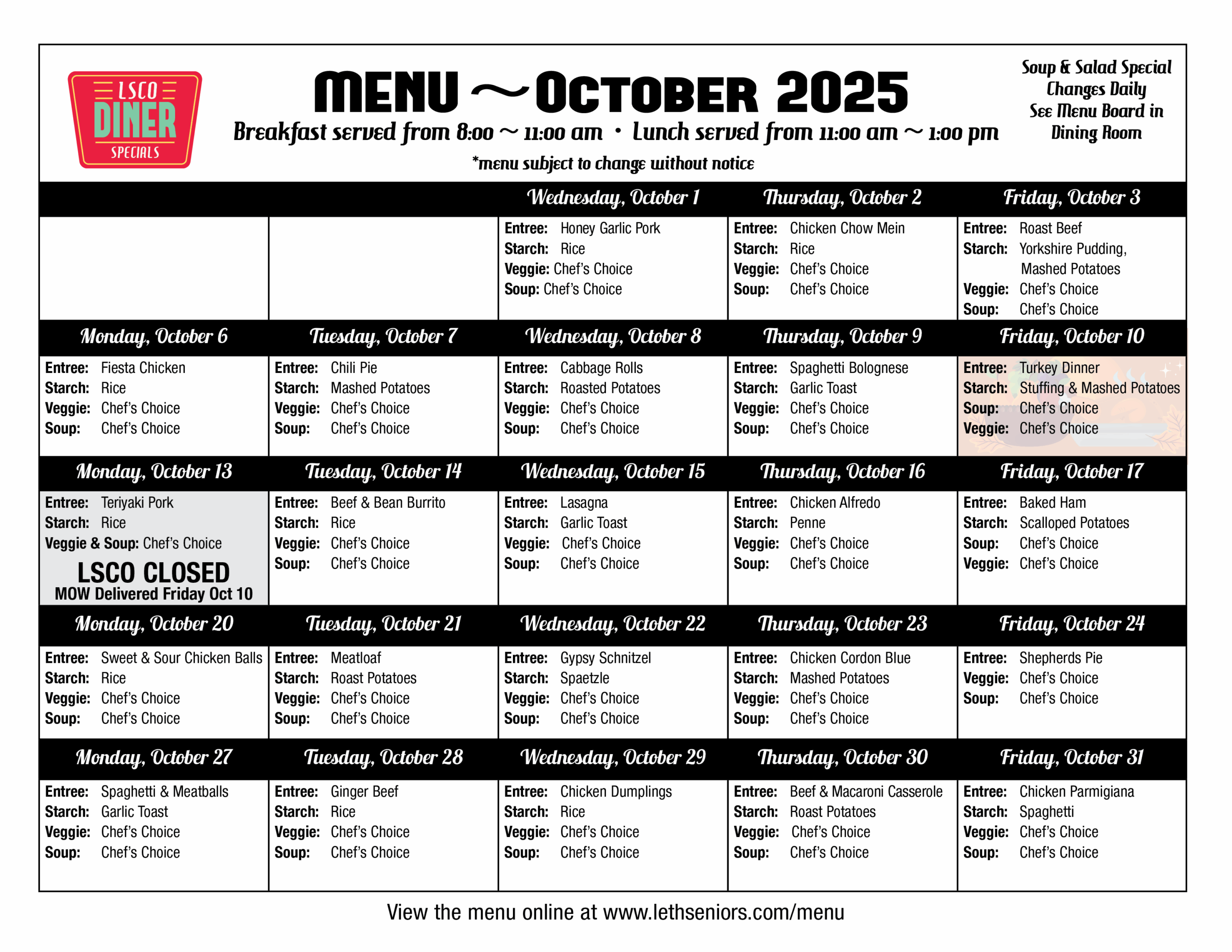 October Menu - Diner