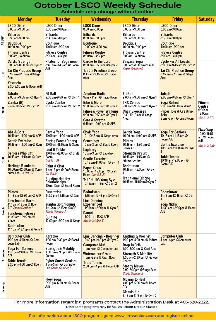 LSCO Weekly October 2025 Schedule