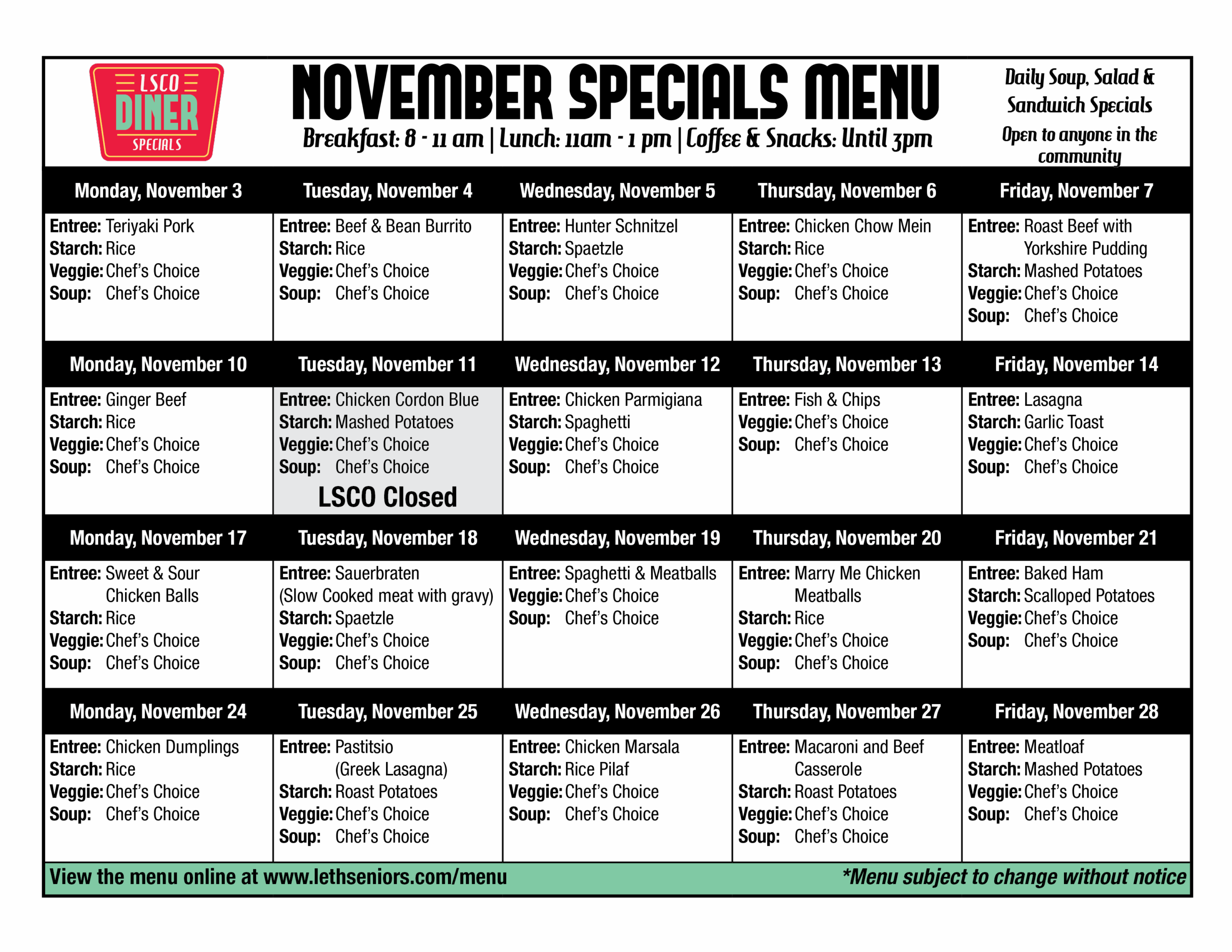 November Menu - Diner
