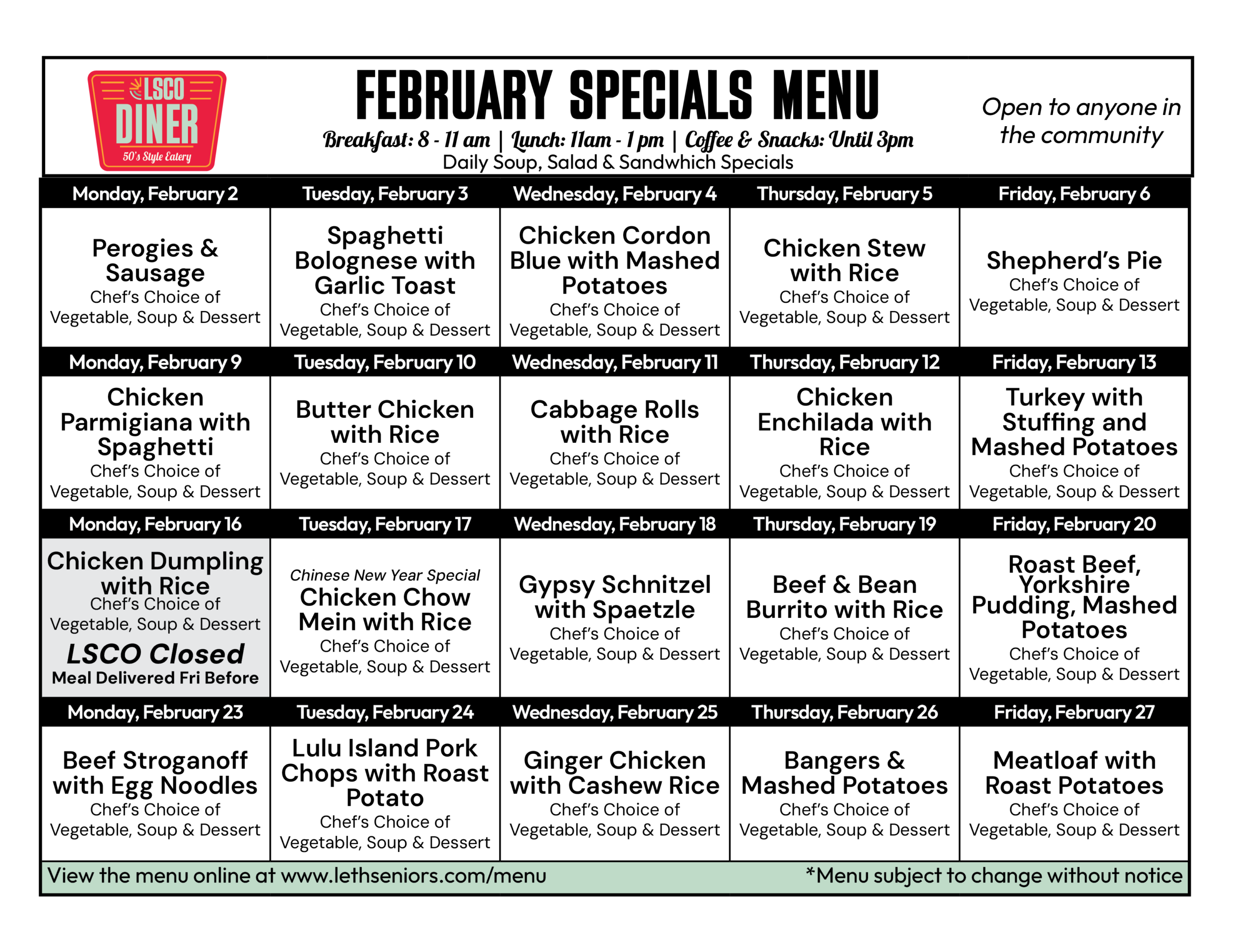 February Menu - Diner