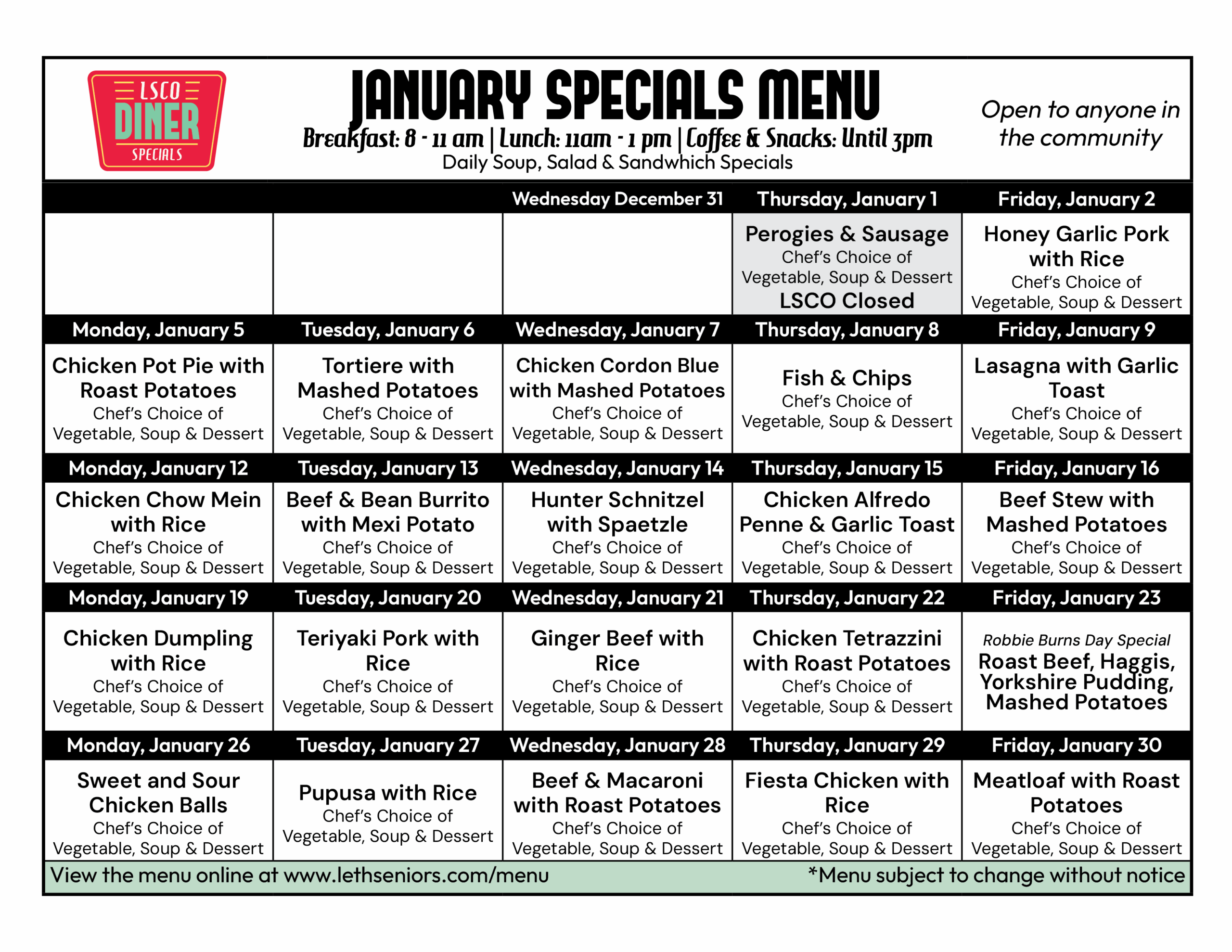 January Menu - Diner