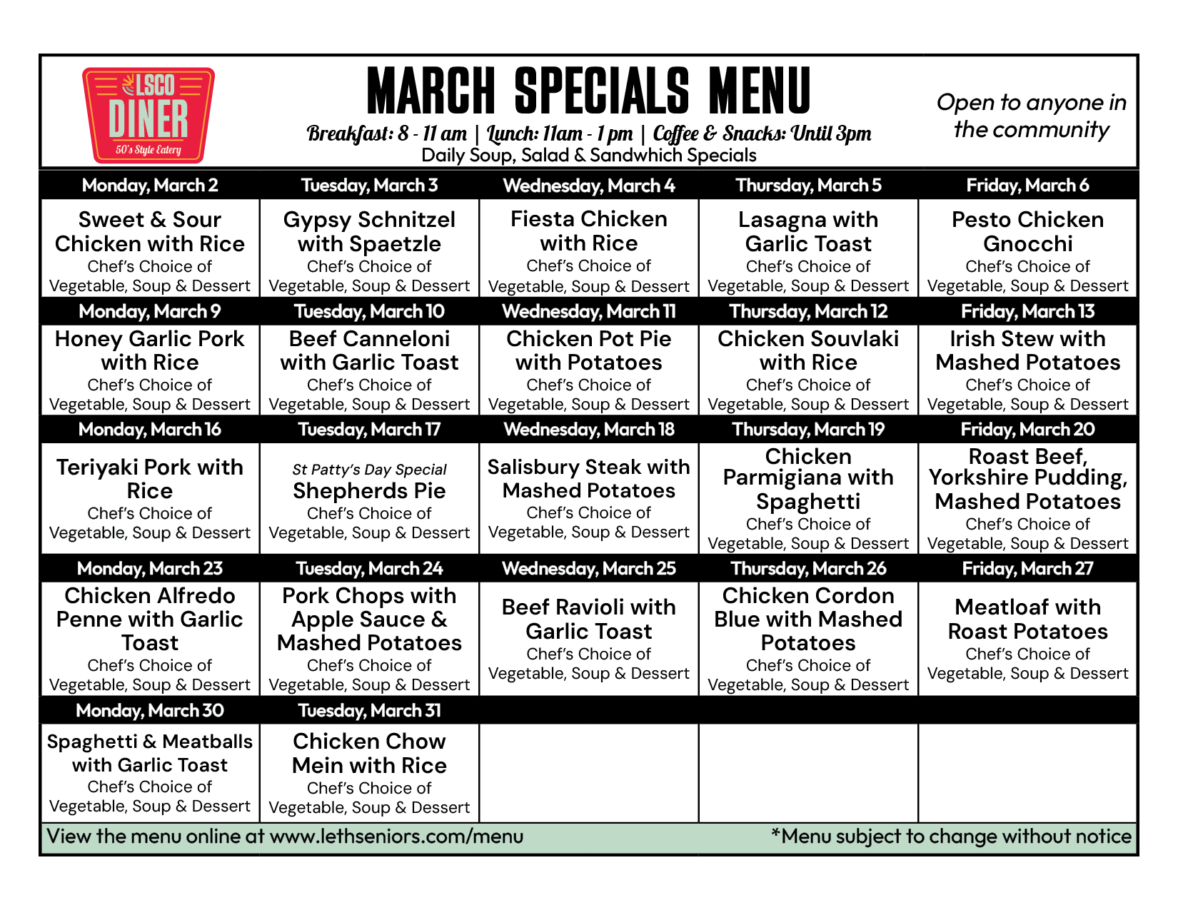 March Menu - Diner