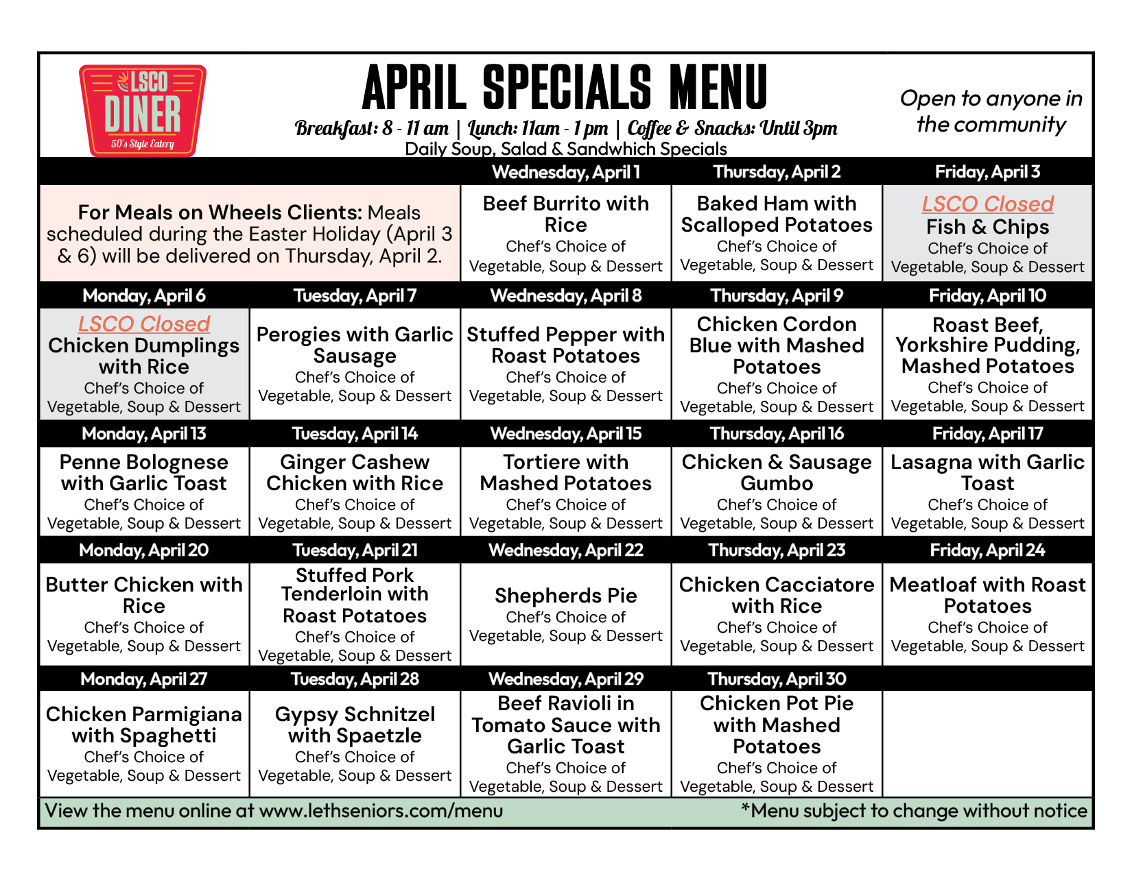April Menu - Diner